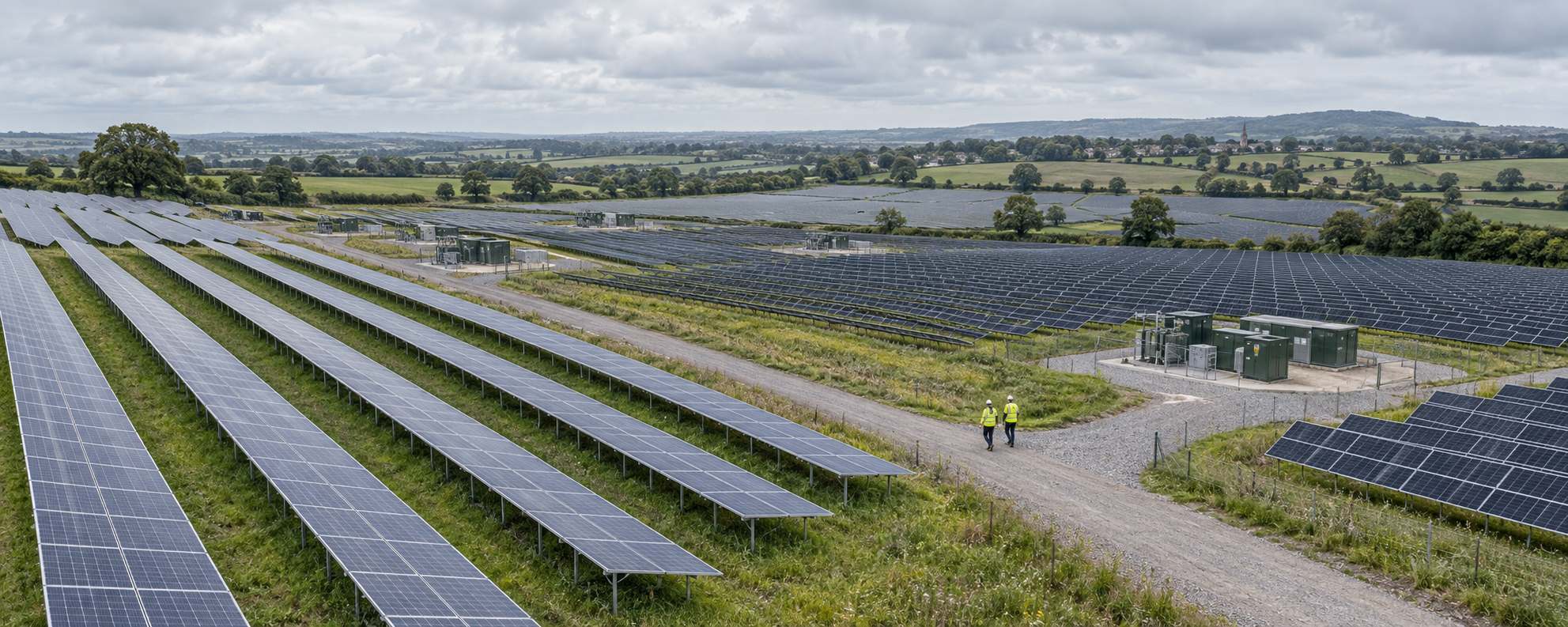 Utility-scale solar farm with transformer stations and the CrestWatt site team.
