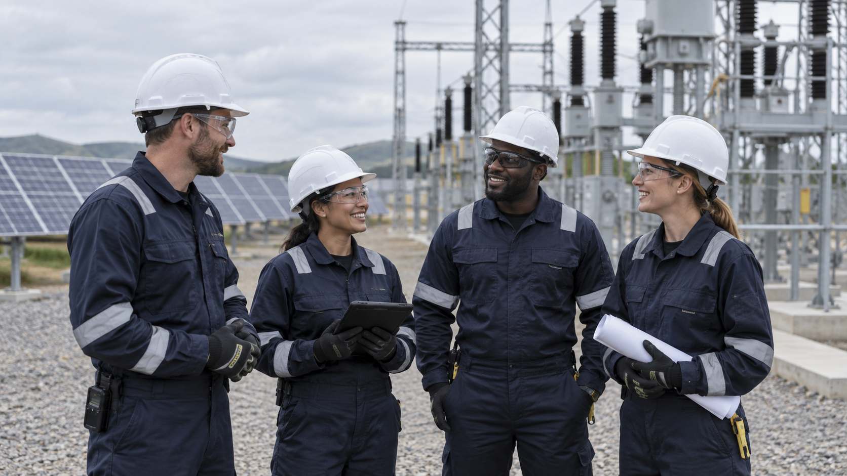 CrestWatt commissioning team working on a utility-scale solar site.