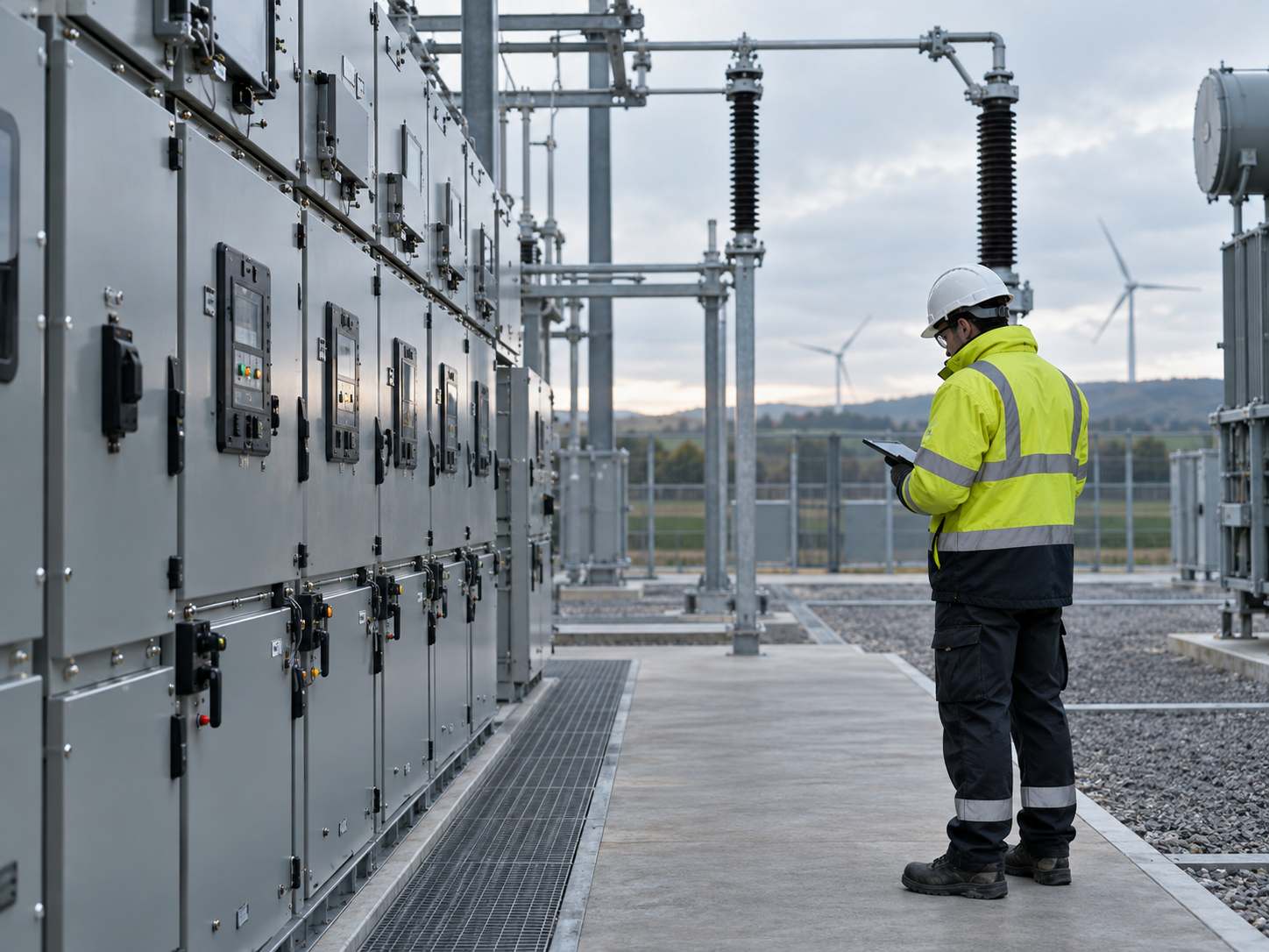 33 kV switchgear room on a UK solar project during commissioning.