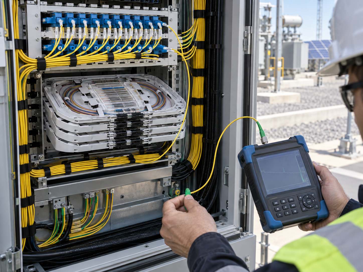 Fibre optic patch panel and splice enclosure inside a solar plant transformer station.