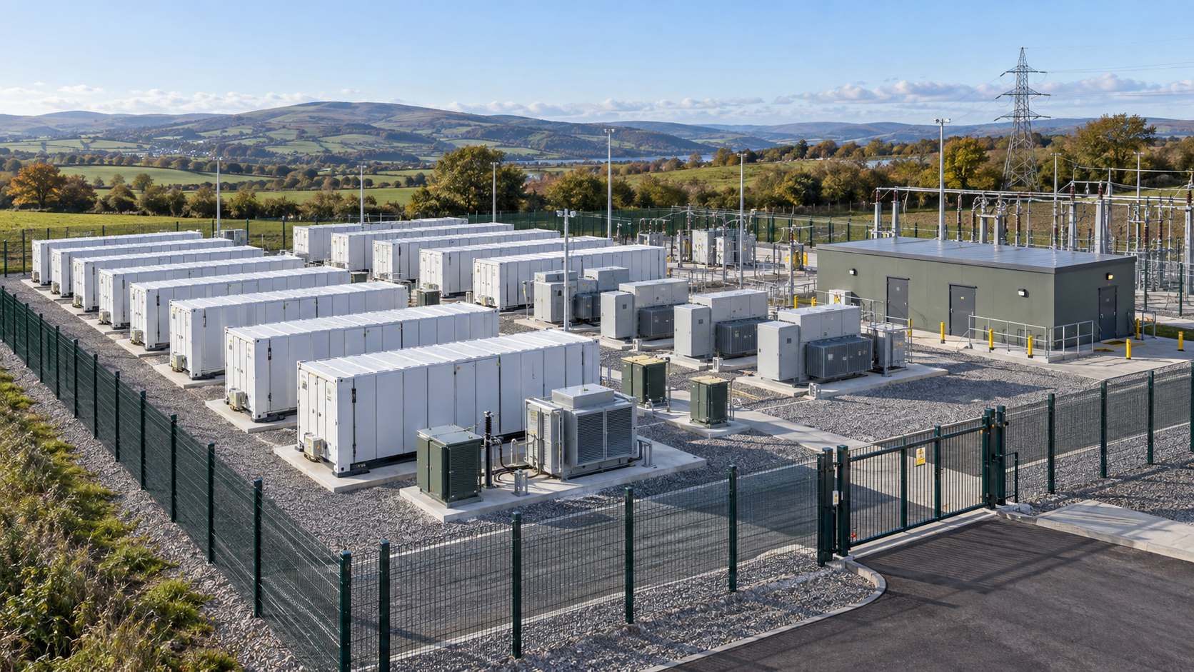 Battery energy storage containers alongside a 33 kV switchroom.