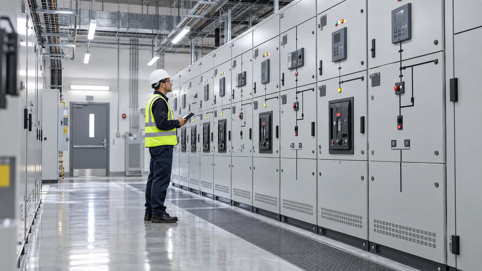 Industrial HV switchgear lineup inside a private network switchroom.