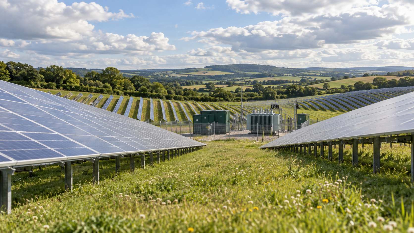 Ground-mount utility-scale solar array on a UK site.