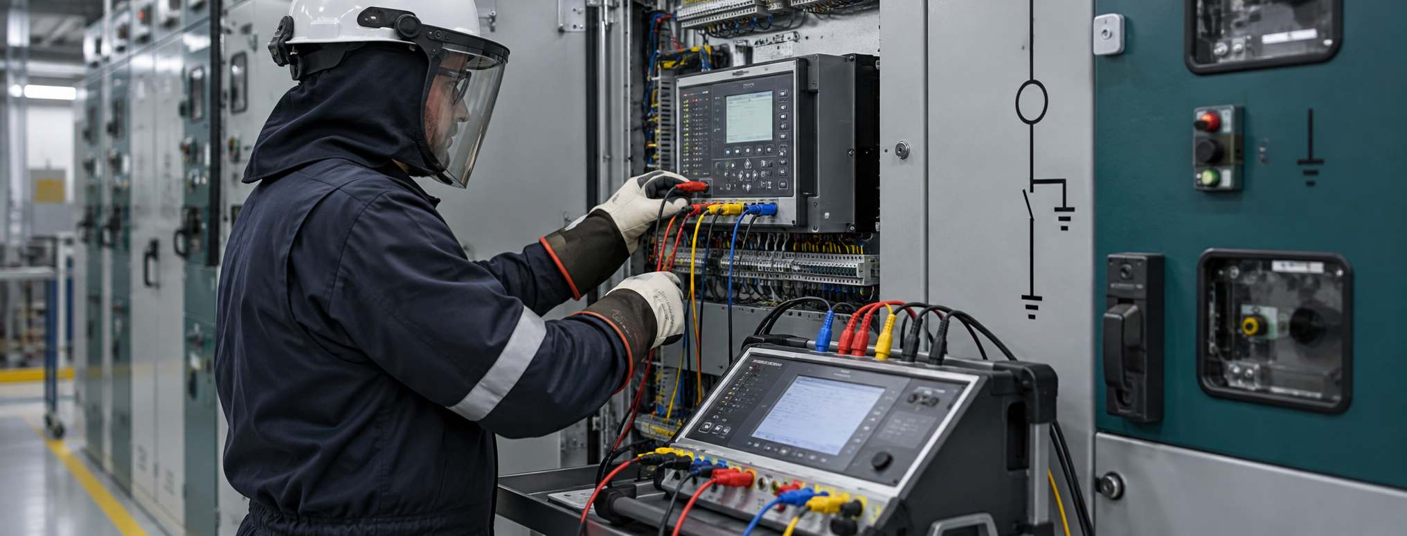 Engineer carrying out secondary injection testing at a 33 kV protection panel.