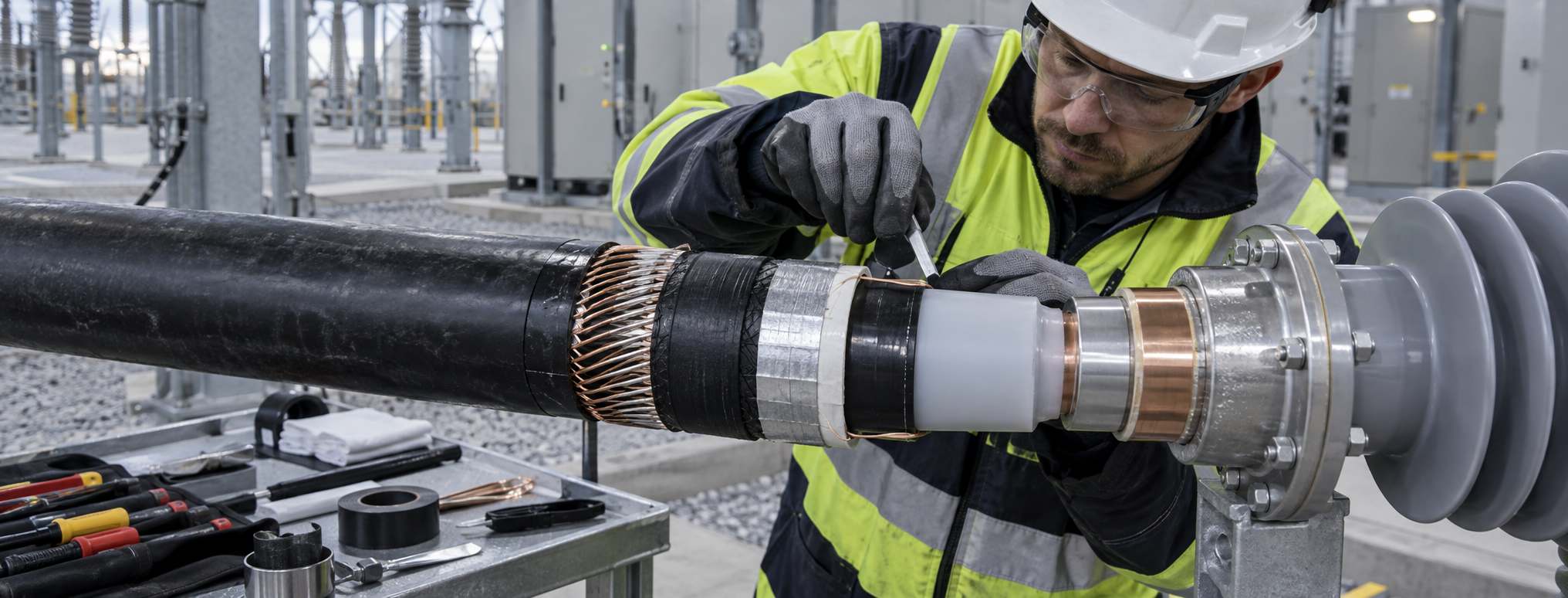 Jointer preparing an HV cable termination with stress control and screen removal on site.