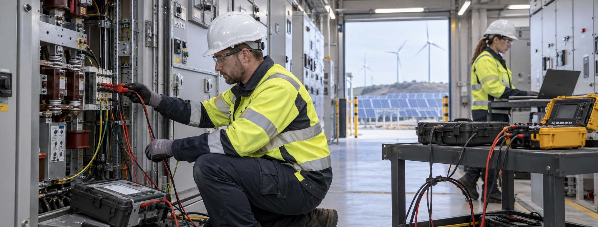 Commissioning engineer recording test results at a string combiner box on a solar plant.