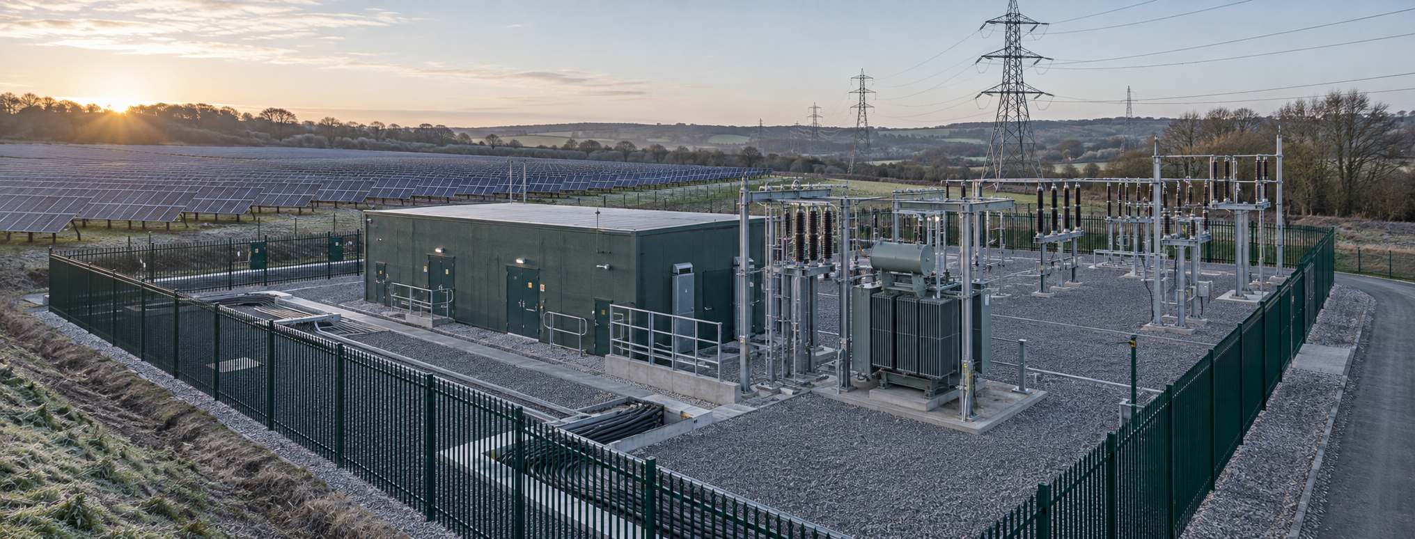 Point of connection substation on a UK utility-scale solar site, with HV switchgear and cable terminations.