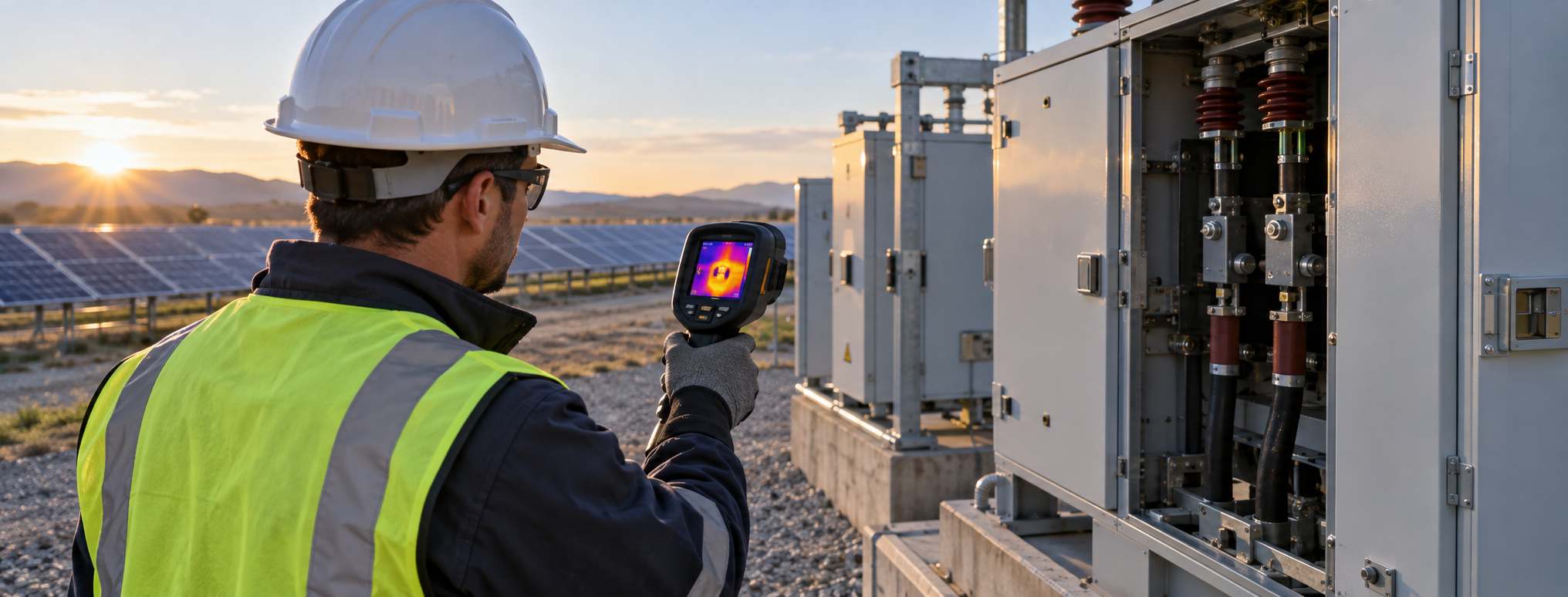O&M technician carrying out a thermographic survey on operational electrical plant.