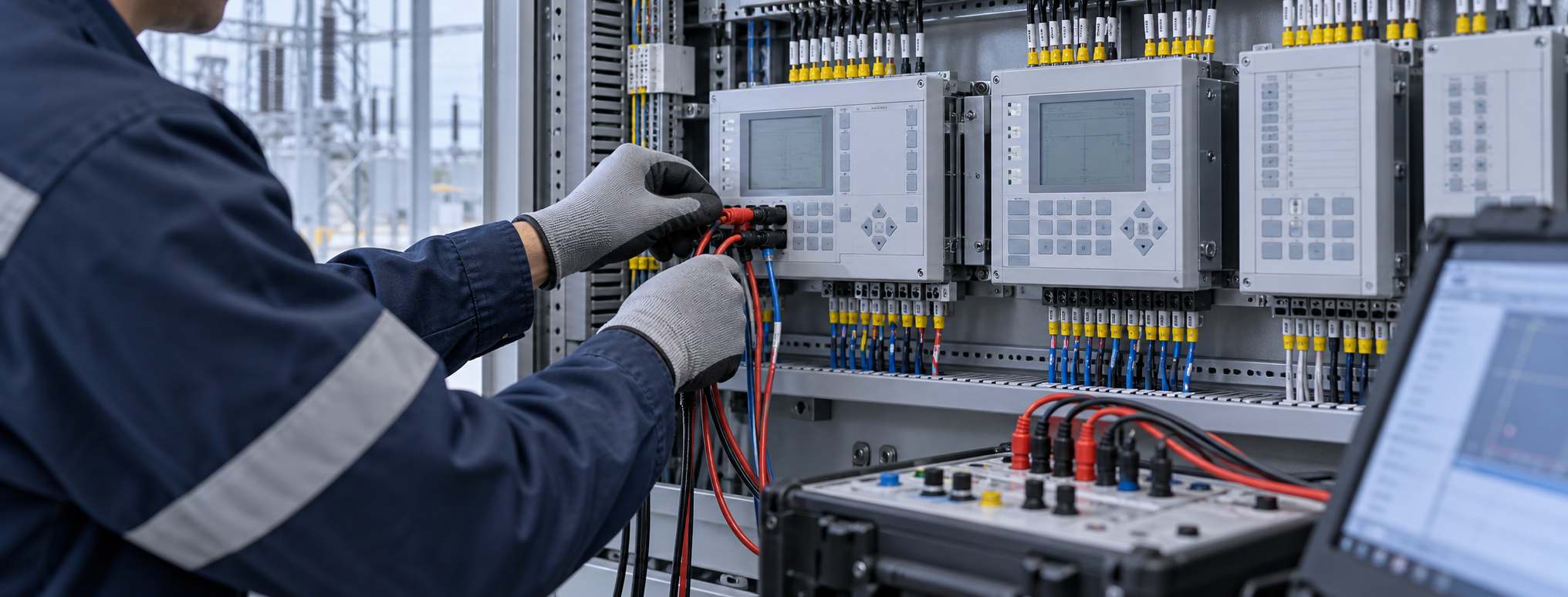 Protection relay panel with wiring and ferruling during factory acceptance testing.