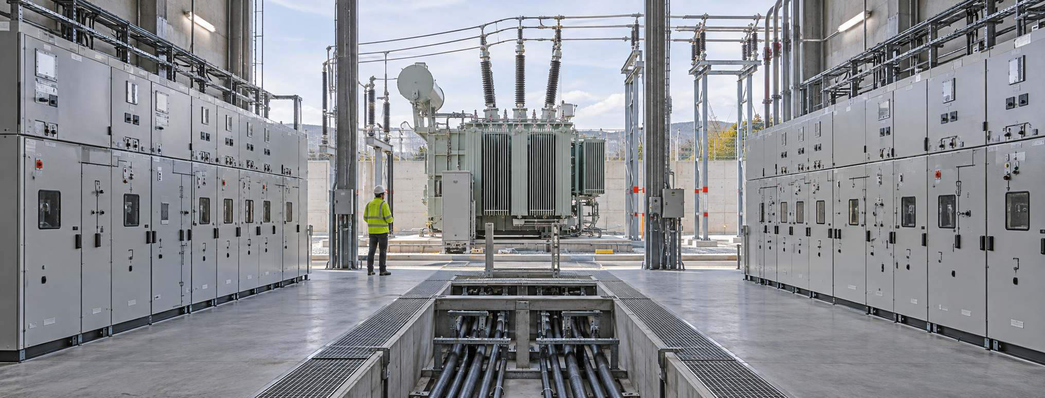 HV substation compound with 66 kV cable sealing ends and switchgear during installation.