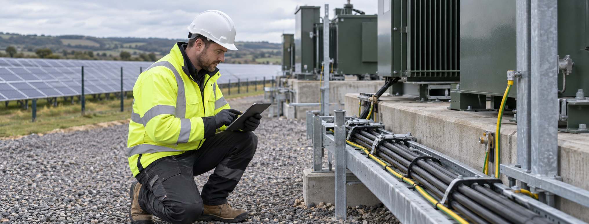 Electrical site supervisor inspecting transformer station works and recording results on site.